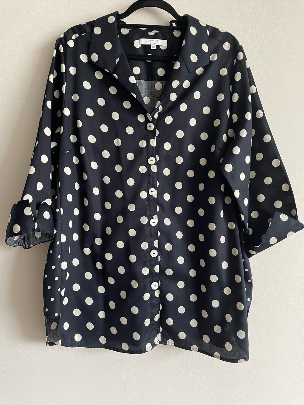 Lagenlook black white polka dot button up shirt 3/4 sleeves 100% cotton 18W